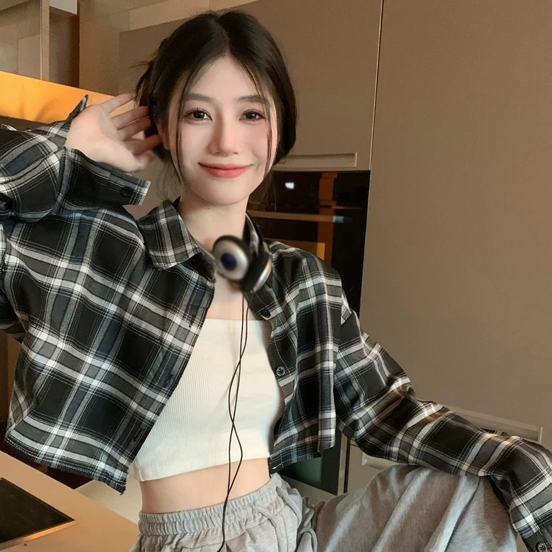 Women Casual Plaid Turn-down Collar Shirts Fall/Spring Girly Long Sleeve Loose Fit Versatile Cropped Blouse Ladies Leisure Top