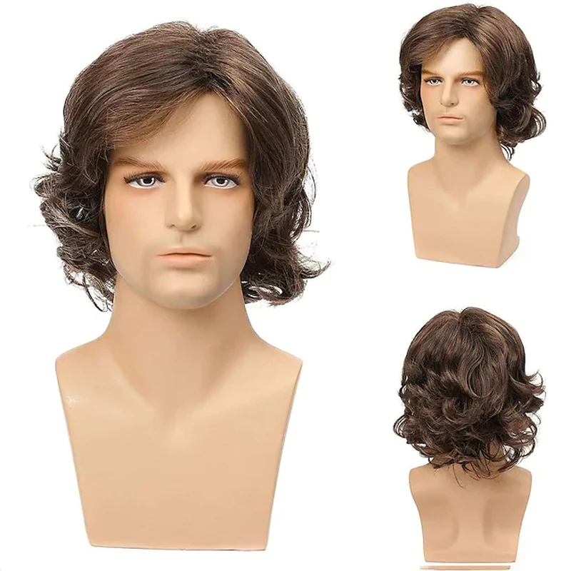 HAIRJOY Man Synthetic Hair  Brown Short Layered Wig  Male  Curly  Wigs