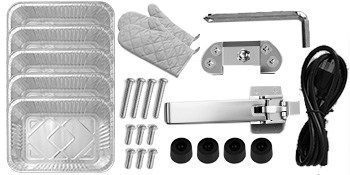 VEVOR hot box food warmer essentials: trays, bolts, glove, power cord, latch kit, rubber feet.