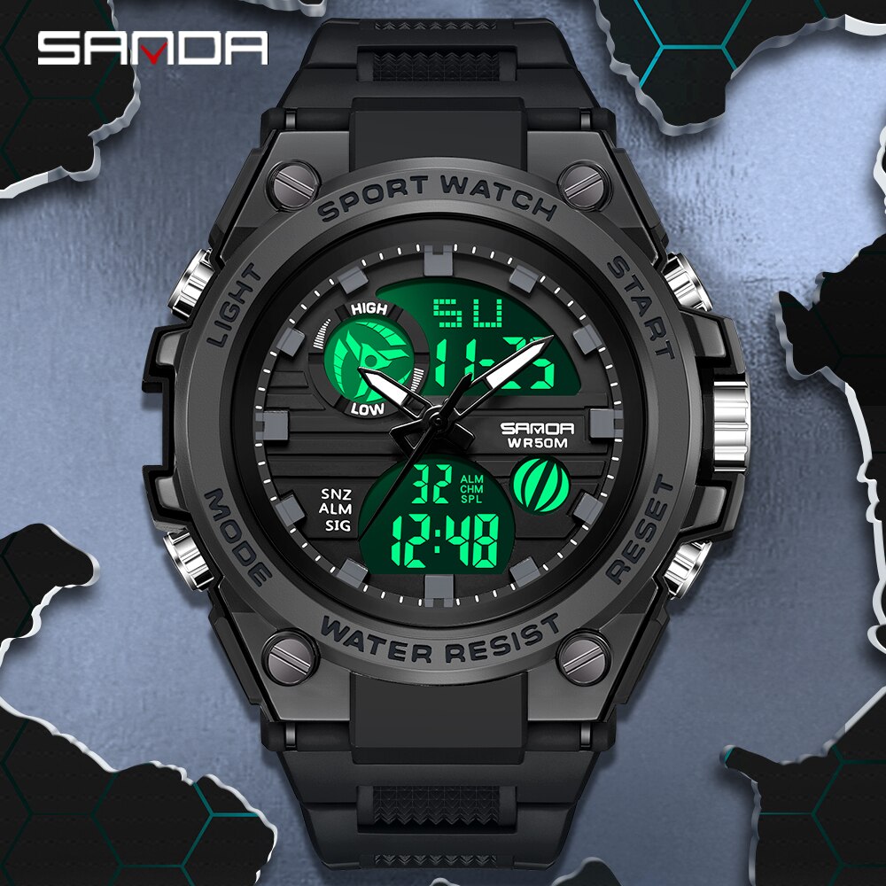 SANDA 2023 Sports Military Men's Watches Dual Display Analog Digital Quartz Wristwatches 50M Waterproof Relogios Masculino 9011