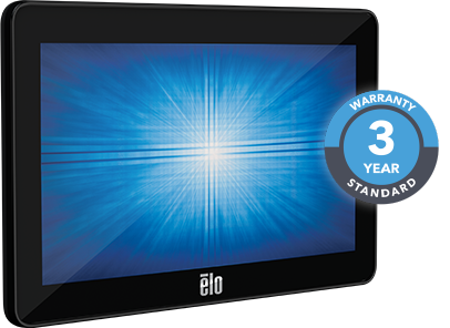 A touchscreen monitor tilted slightly to the right with a 3 year standard warranty icon next to it.