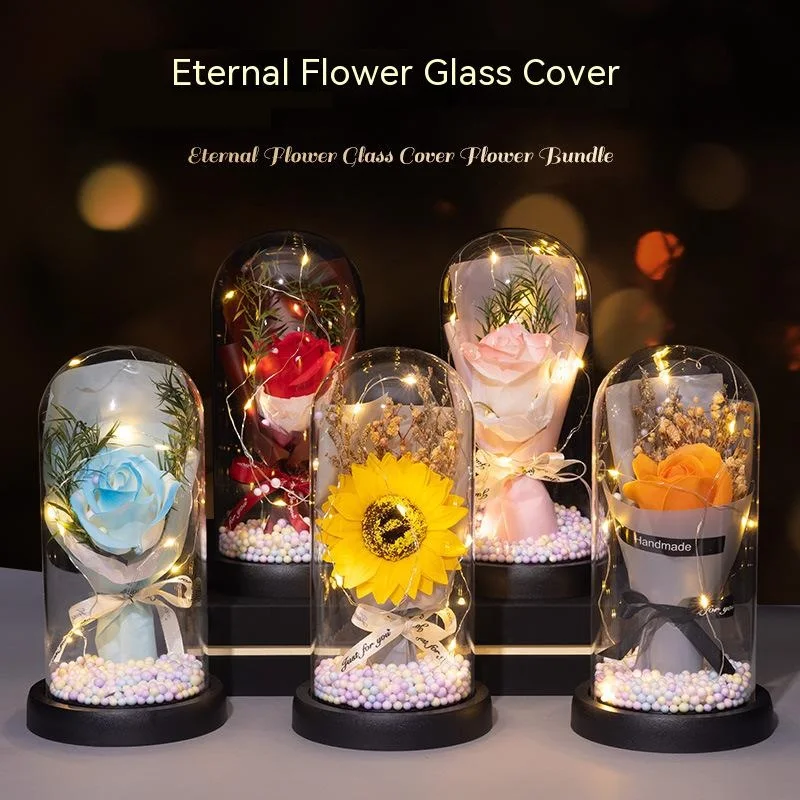 Glass cover soap rose carnation bouquet, Artificial flowers for home decoration, Valentine's Day gifts on Teacher's Day