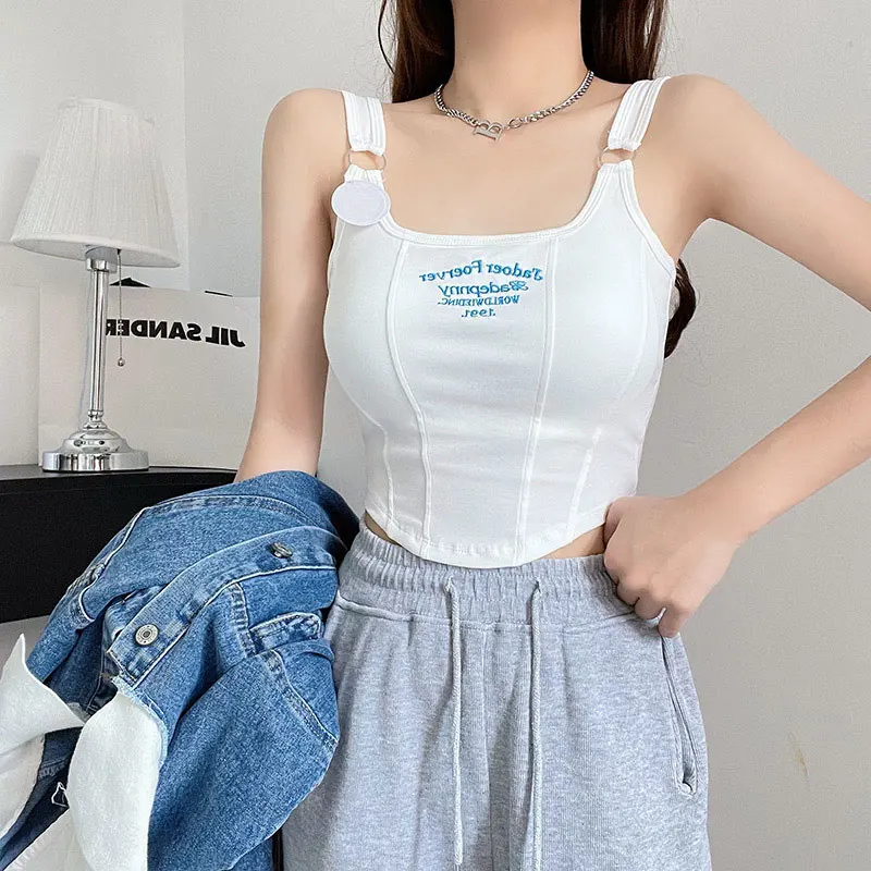 Summer Sleeveless 90s 00s Vintage Clothes Y2K Women Tops Crop Top Letter Tank Tops With Pad Camisole Female Sexy T-shirt Vest