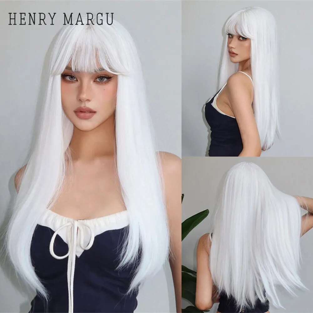 HENRY MARGU White Long Straight Synthetic Wigs for Women Colorful Cosplay Party Fake Hair with Bangs White Wig HighTemperature