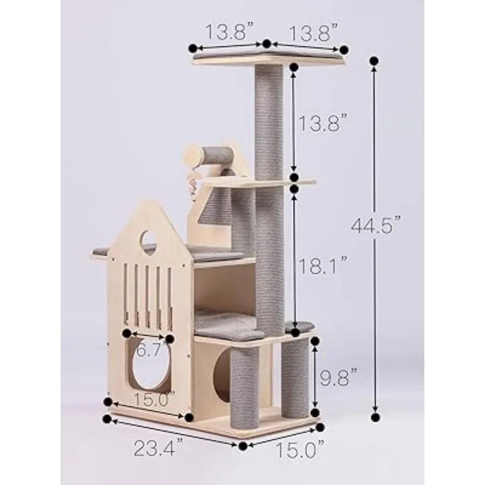 Wood Cat Tree for Indoor Cats,Cat Tree Tower with Cat Scratching Post,  with Mutil-Level Cat Houses,44.5 Inch Tall