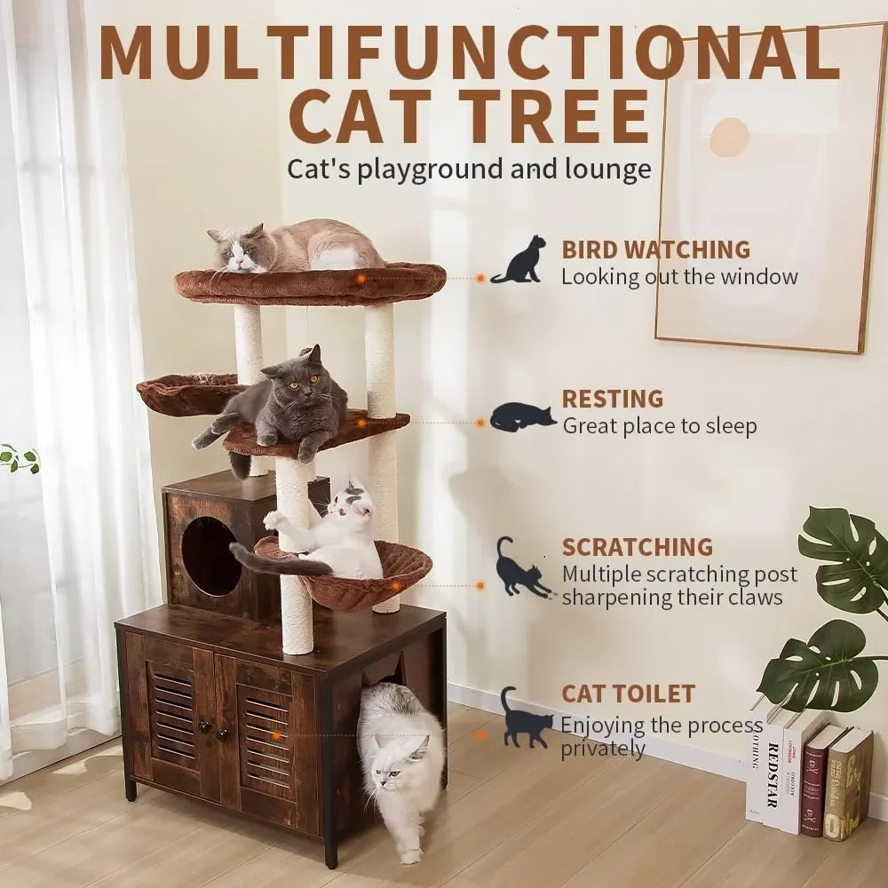 2-in-1 Rustic Cat Tree Tower With Large Plush Perch Platform Hammock and Cat Condo Tree for Cats Trees Supplies Pet Products