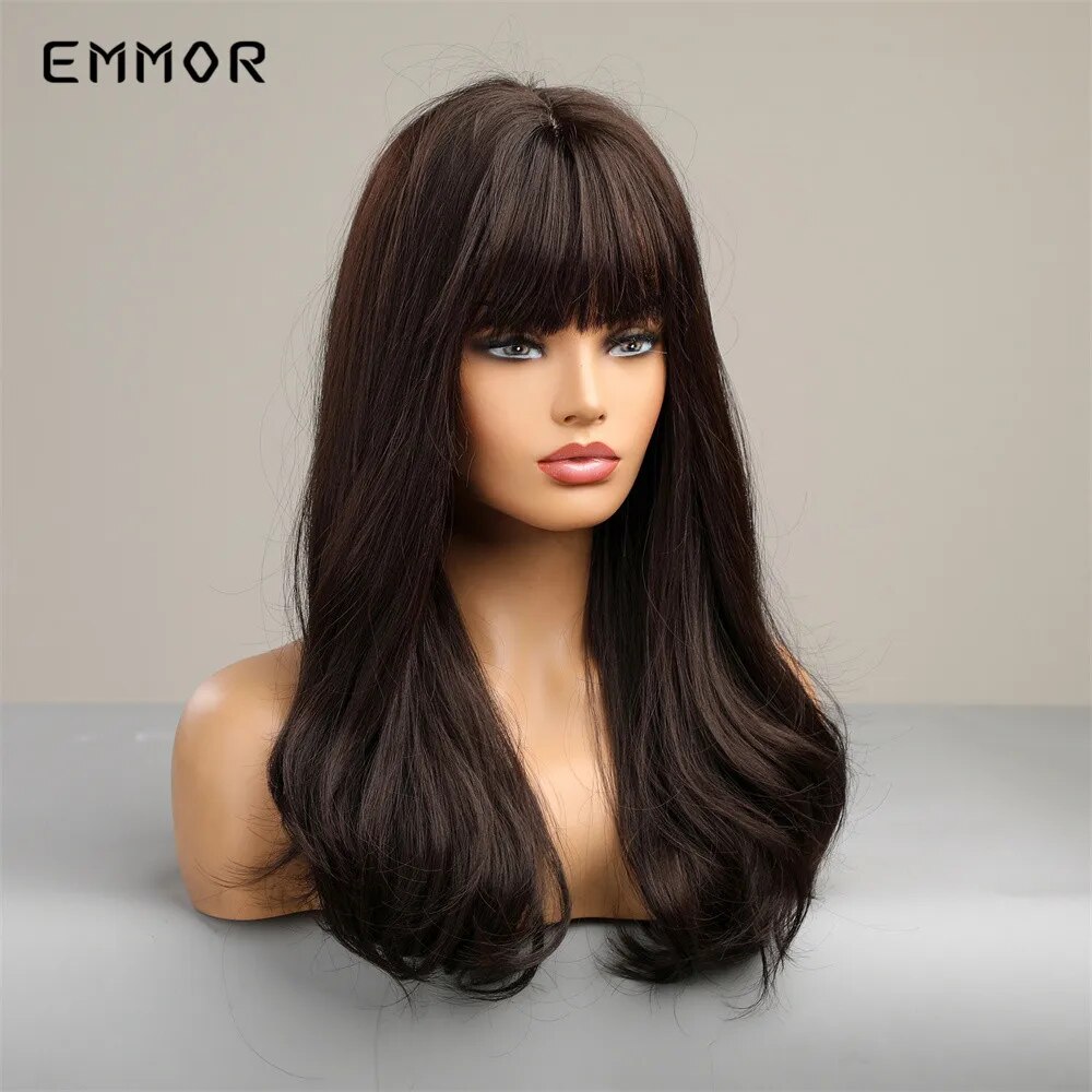Emmor Synthetic Ombre Brown to Black Wigs Natural Wavy Hair Wig for Women Cosplay Daily Wigs with Bang Heat Resistant Fiber Hair
