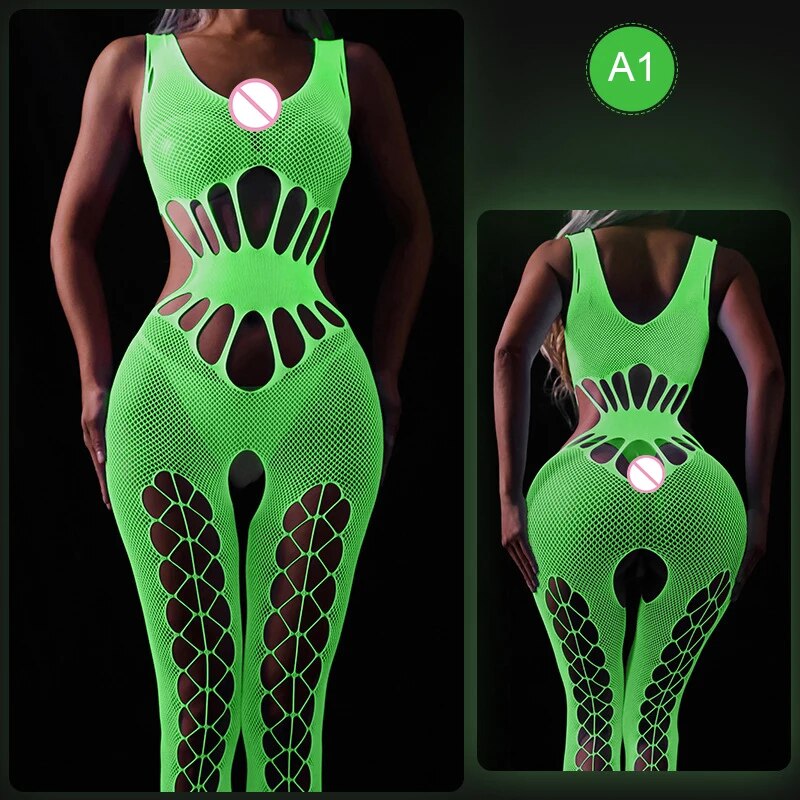 Sexy Women Luminous Bodysuit See Through Hollow Out Net Clothing Exotic Lingerie Mesh Costumes Mesh Dress Underwear Bodysuit New