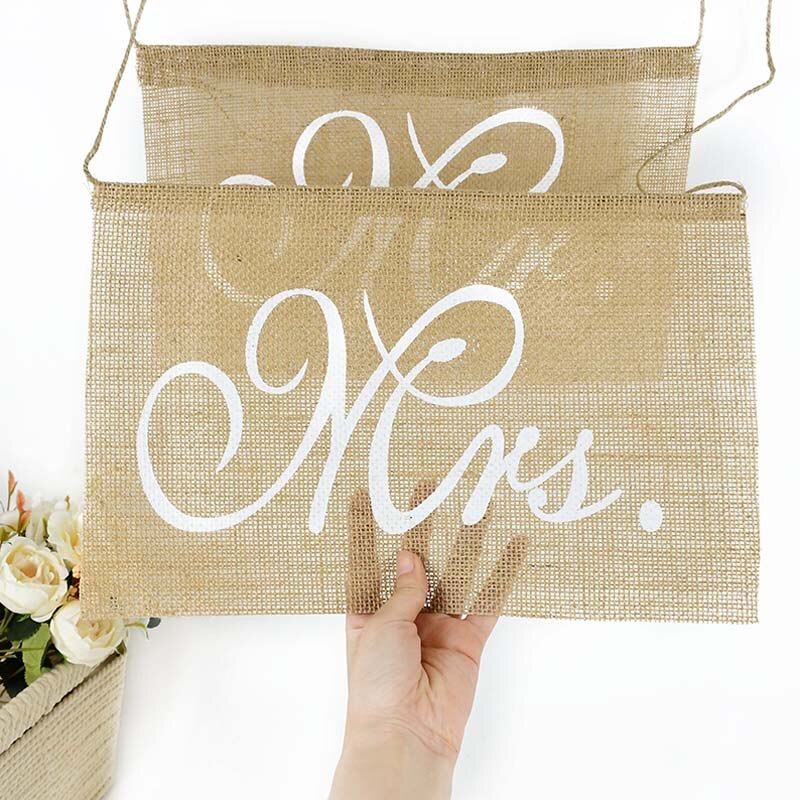 2Pcs/set Mr and Mrs Burlap Chair Banner Set Chair Sign Garland Rustic Groom Bride Burlap Photo Props Wedding Party Decoration