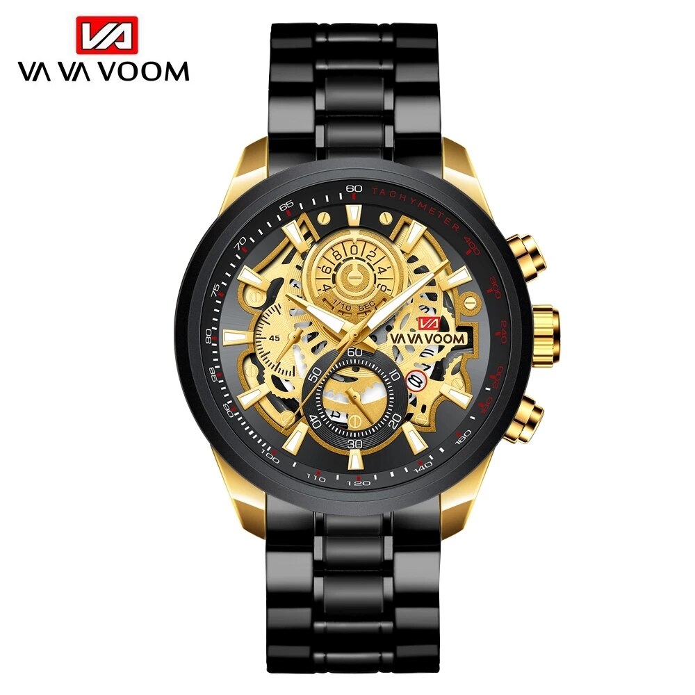 VAVA VOOM Business Mans Watches Quartz Watch Luxury Men's Wrist Watch Black Gold Stainless Steel Case Waterproof Wristwatch