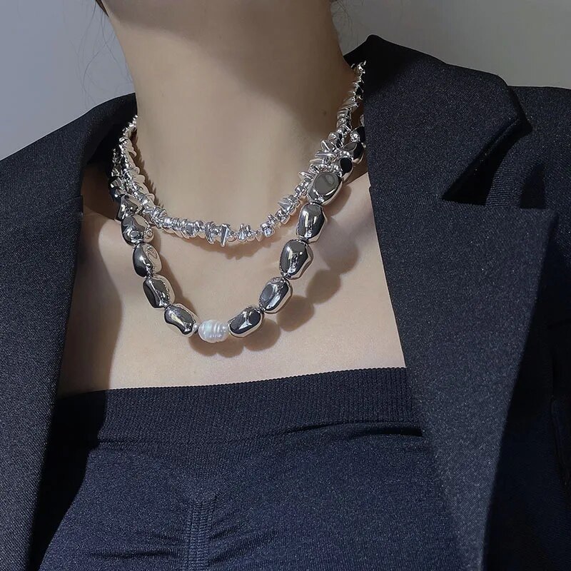 Fashion Silver Color Special-shaped Irregular Beaded Necklace Pearl Simple Temperament Collarbone Chain Hip-hop Trend