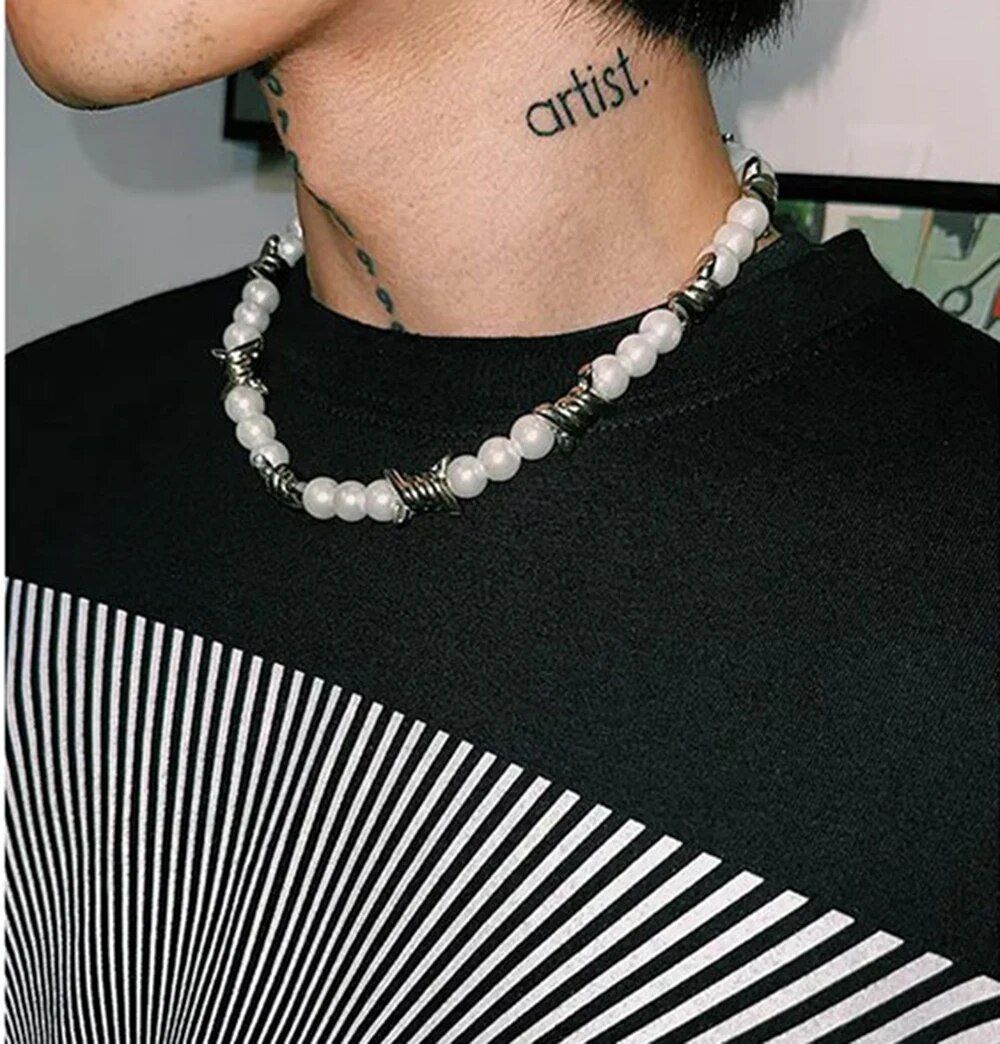 Fashion Stitching Thorns Chain Pearl Beaded Necklace Men Jewelry 2022 Trend Street Hip-hop Necklaces Jewelri Man Punk