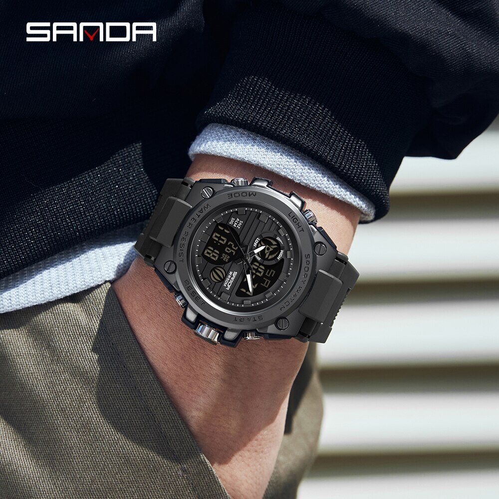 SANDA 2023 Sports Military Men's Watches Dual Display Analog Digital Quartz Wristwatches 50M Waterproof Relogios Masculino 9011