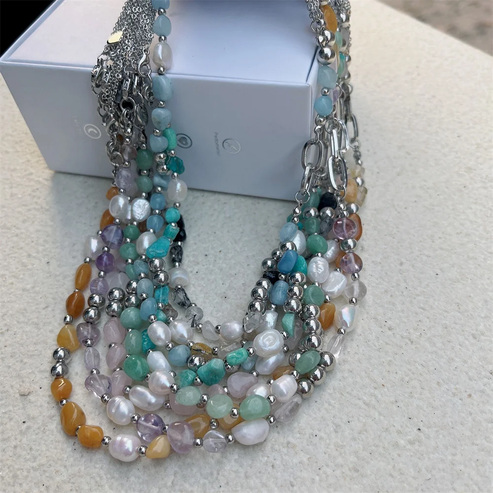 kshmir Natural stone blue crystal necklace baroque natural freshwater pearl niche design feeling fresh clavicle chain women