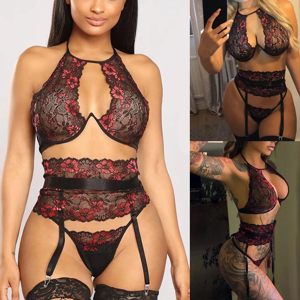 Sexy Porno Lace Lingerie Women Plus Size Babydoll Lingerie Adult Game 3pcs Sexy Bra Thong Garter Belt Set Hot Erotic Costume