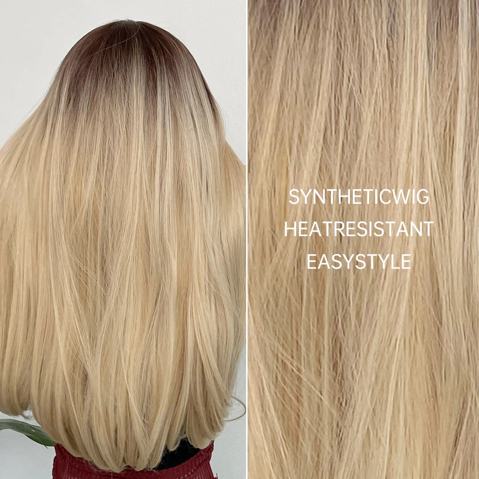 HENRY MARGU Ombre Brown Platinum Blonde Synthetic Wig with Bangs Long Straight Natural Hair Wig for Women Cosplay Heat Resistant