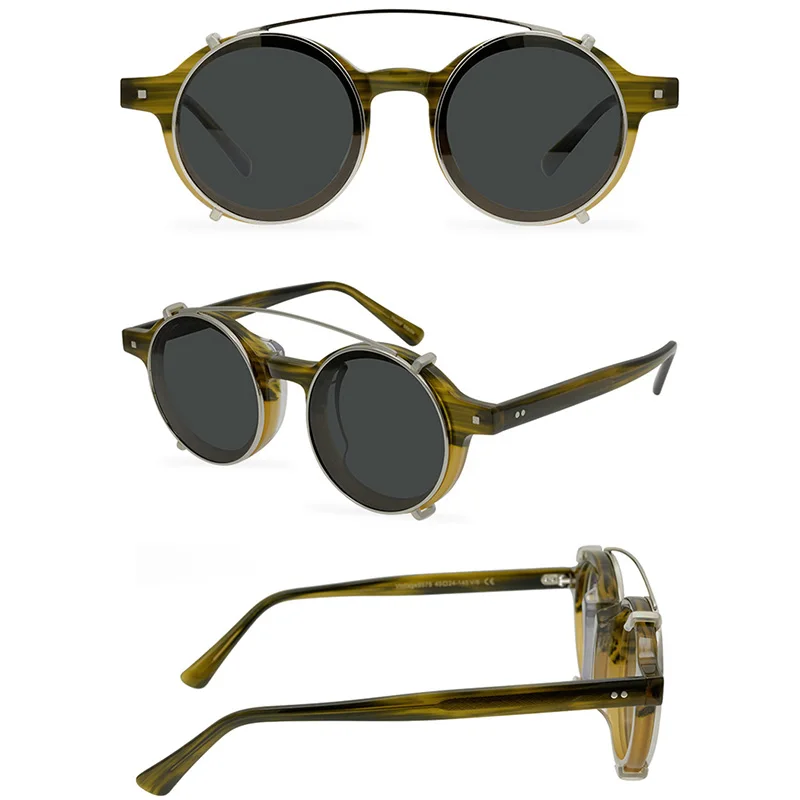 Belight Optical Round Retro Women Men UV400 Protection Vintage Acetate Clip on Sunglasses with Case Oculos 9575