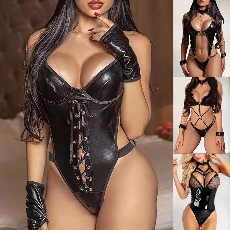 Women's Fun Underwear Sexy One Piece Lacquer Leather Chain Hollow Out Fun Set Out Underwear Erotic Costumes Porno Corsets