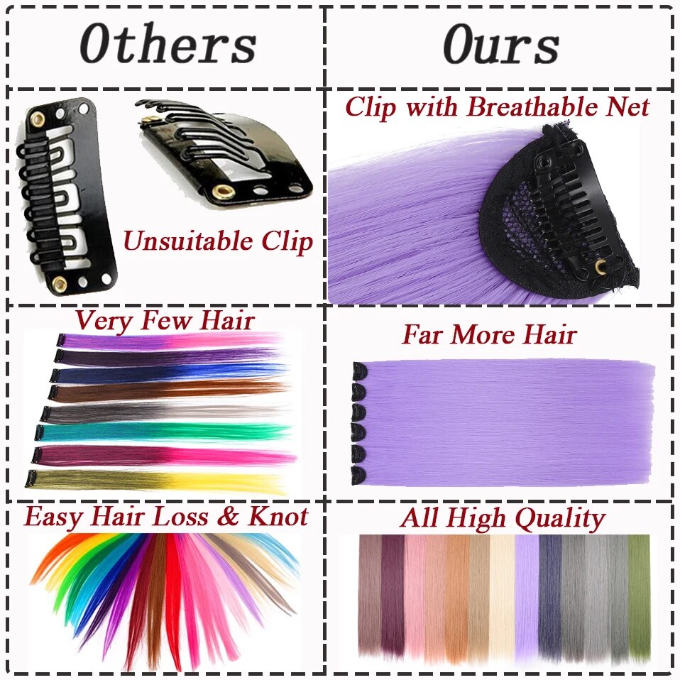 Benehair Synthetic 24inch Colored Long Straight Chip In Hair Extensions Highlight Rainbow Hair Clips Grey Blue Purple Hairpieces
