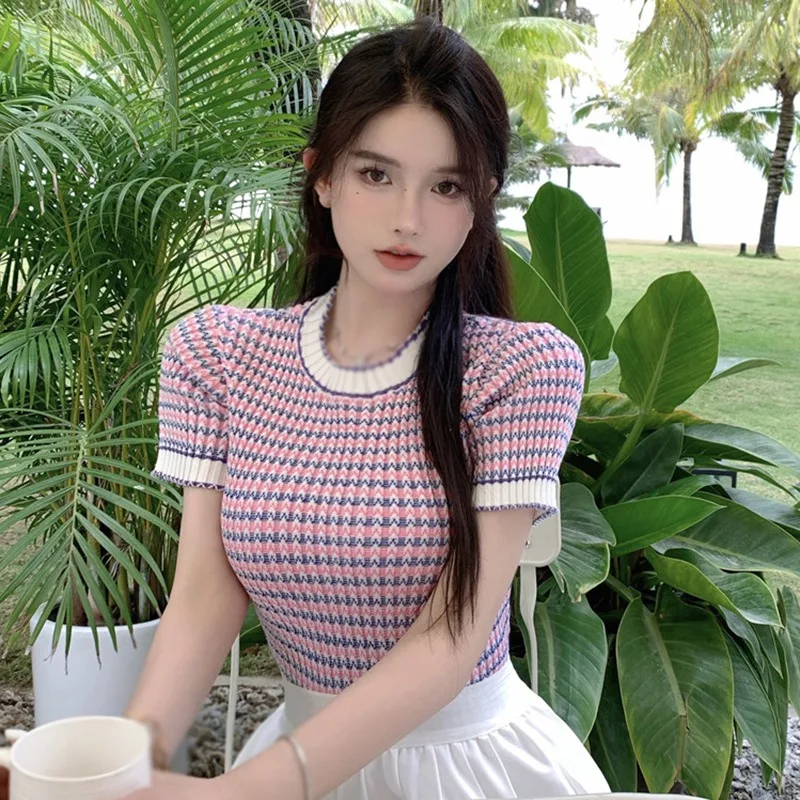 Women O neck girl style short slim knit short sleeved T-shirt top