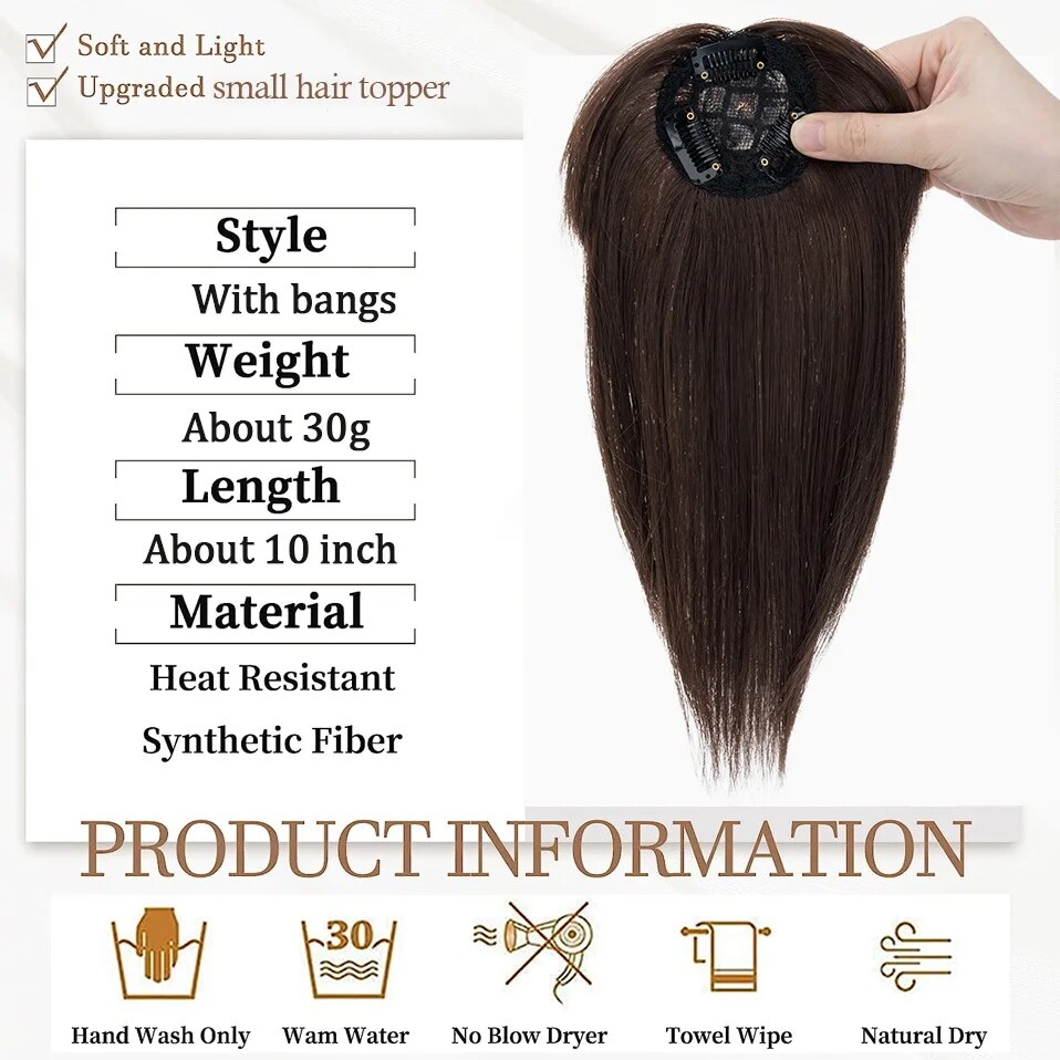 Benehair Synthetic Short Straight Hair Topper With Bangs Invisible 3D Hair Toupee For Women Hair Pieces Clip In Top Hair