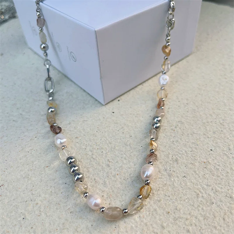 kshmir Natural stone blue crystal necklace baroque natural freshwater pearl niche design feeling fresh clavicle chain women