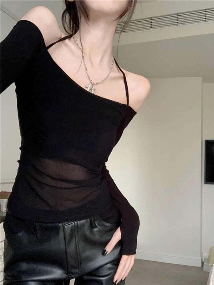 Halter T-shirts Women Slim Black Patchwork Hotsweet New Thin Sexy Off-shoulder Chic Designed Korean Fashion Streetwear Crop Tops