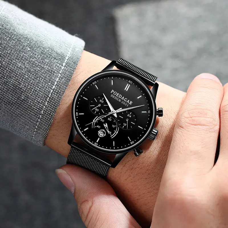 POEDAGAR Men Watch Fashion Chronograph Slim Stainless Steel Mesh Quartz Men's Wristwatch Waterproof Luminous Date Sport Watch