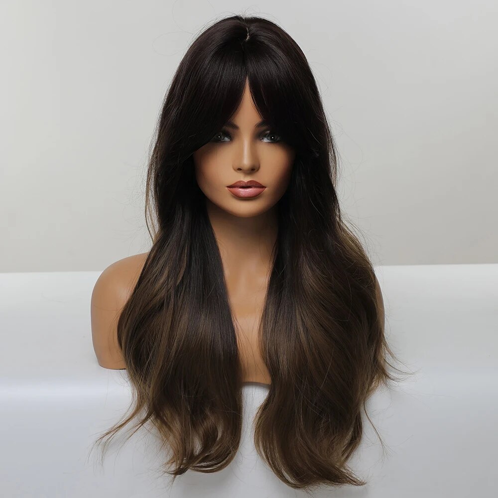 Emmor Synthetic Long Wavy Natural Ombre Brown to Dark Blonde With Bangs Wigs for Women High Temperature Fiber Body Wave Wigs