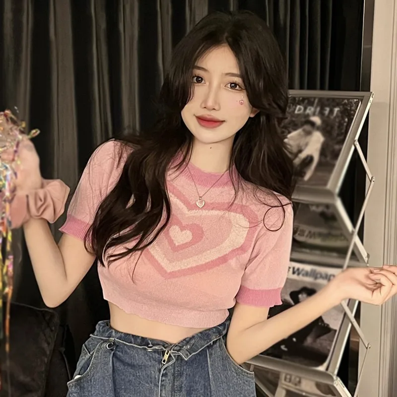 Sweet Women's T-Shirt Retro Short Sleeve Jacquard Love Breathable Slim Fit Knitted Crop Tops Casual Spring Summer Versatile