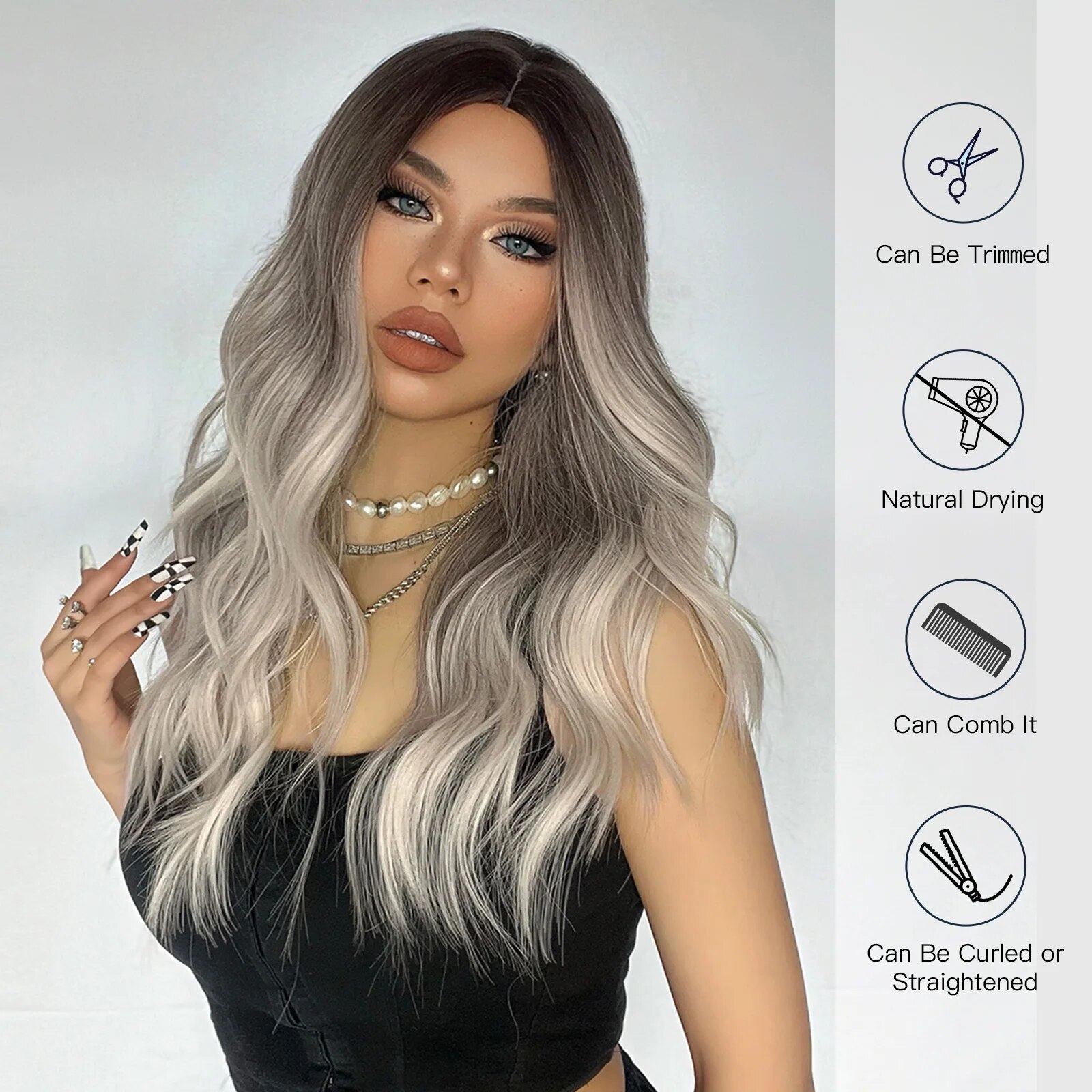 HENRY MARGU Ombre Gray Blonde Water Wavy Wig Natural Middle Part Synthetic Wigs Heat Resistant Fiber Women Daily Party Fake Hair