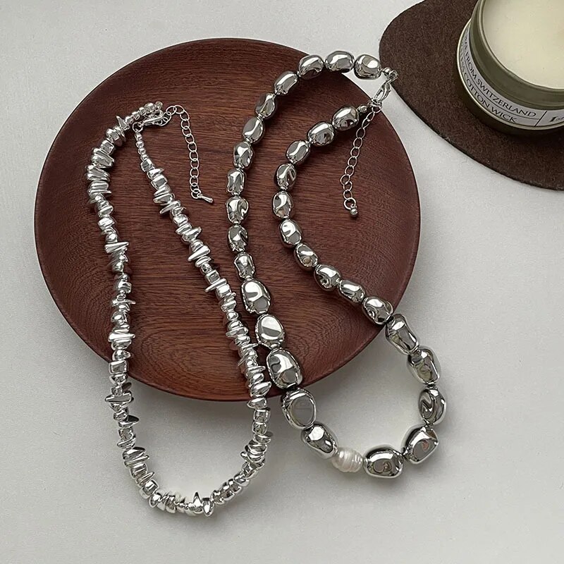 Fashion Silver Color Special-shaped Irregular Beaded Necklace Pearl Simple Temperament Collarbone Chain Hip-hop Trend