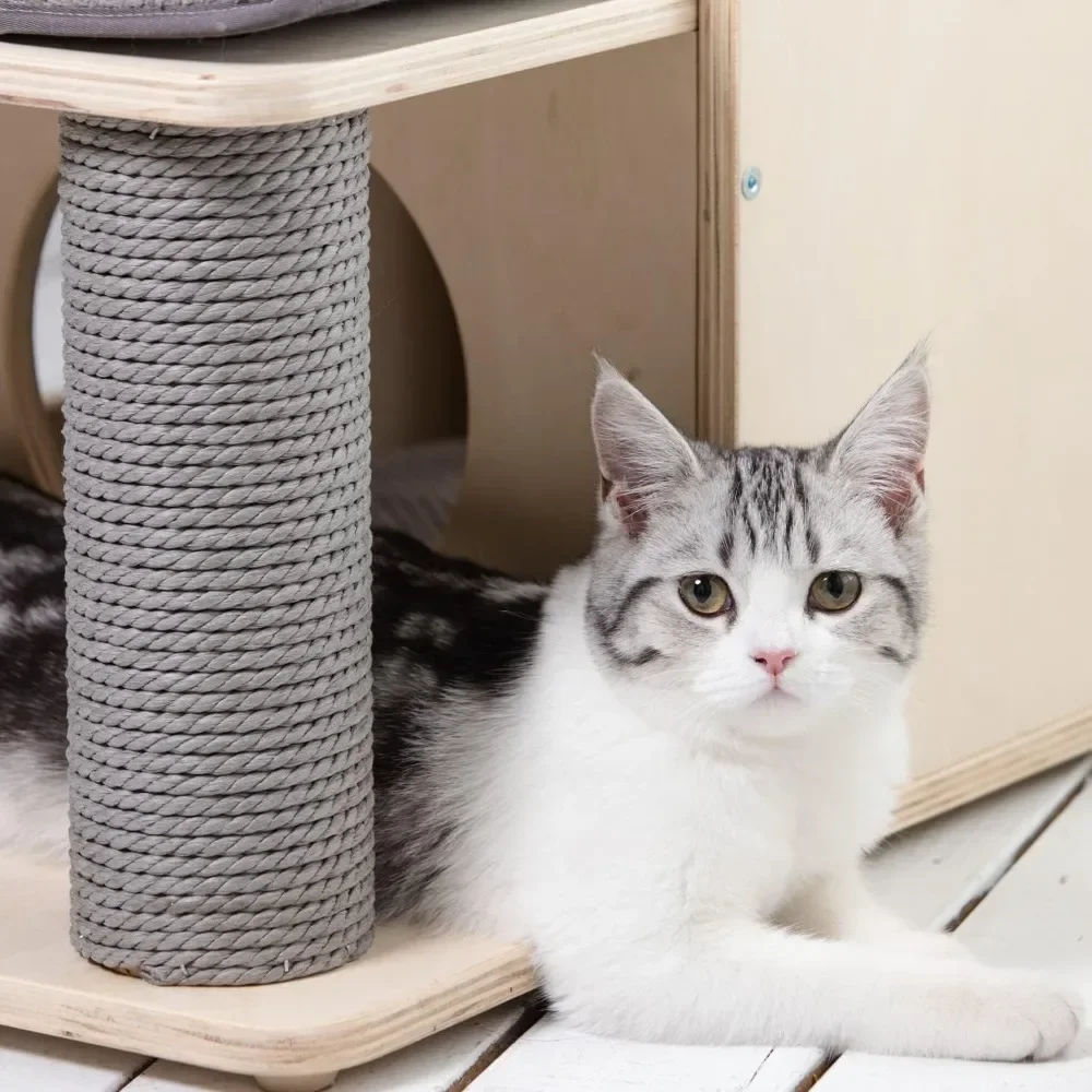 Wood Cat Tree for Indoor Cats,Cat Tree Tower with Cat Scratching Post,  with Mutil-Level Cat Houses,44.5 Inch Tall