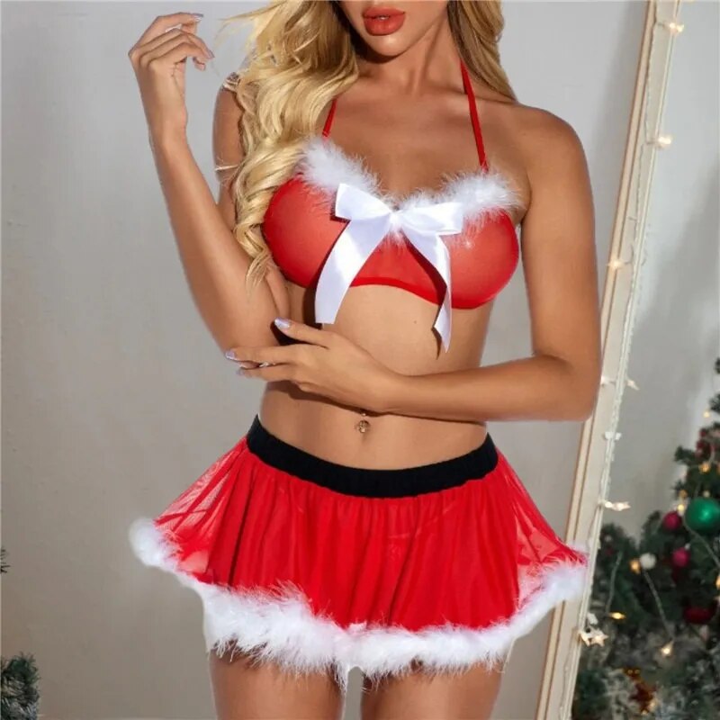 Christmas Erotic Costumes Women Sexy Lingerie Bra Skirt Thong Suit Plush Lace Tops Sex Cosplay Briefs High Waist Sexy Sleepwear