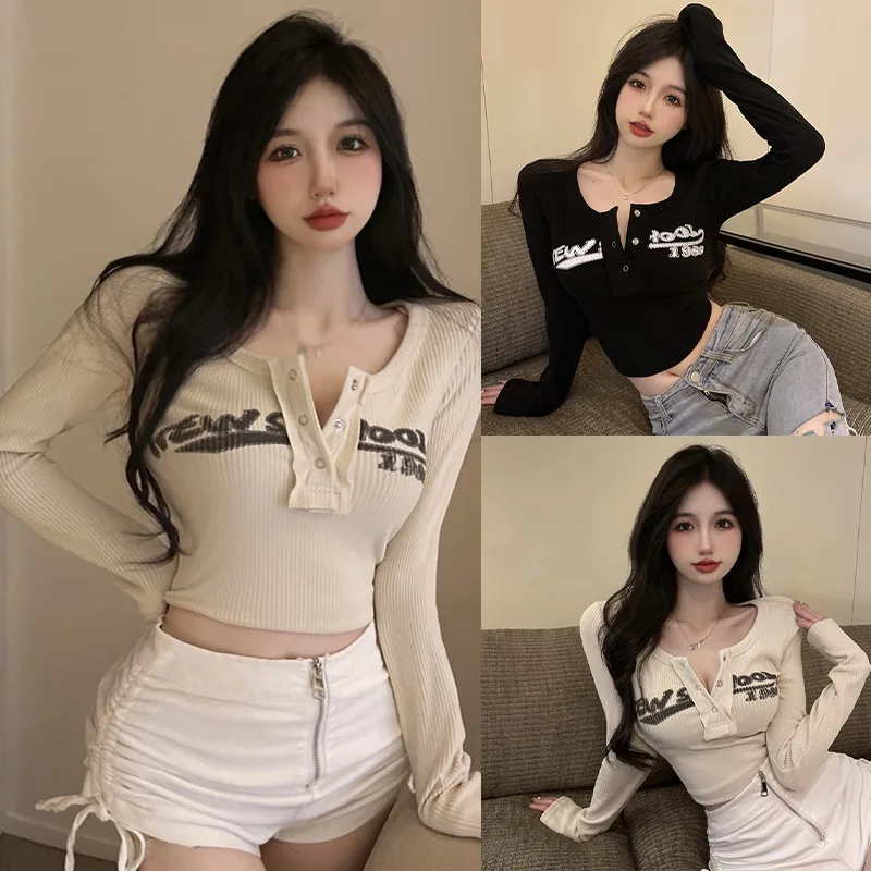 Women's Long Sleeve Slim Fit Cropped Printed Threaded Letters Crew Neck Y2K Spring Autumn Crop Tops