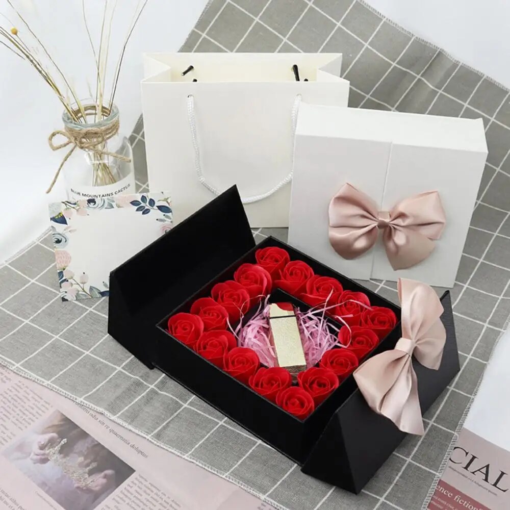 Delicate Eternal Life Rose Box Magnetic Square Double Door Bowknot Design Valentine's Day Packaging Display Case Organizer