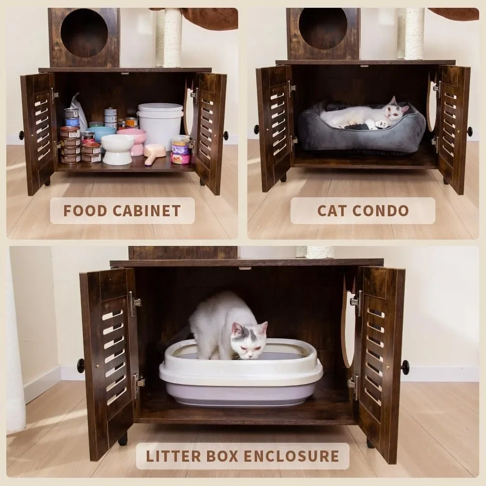 2-in-1 Rustic Cat Tree Tower With Large Plush Perch Platform Hammock and Cat Condo Tree for Cats Trees Supplies Pet Products