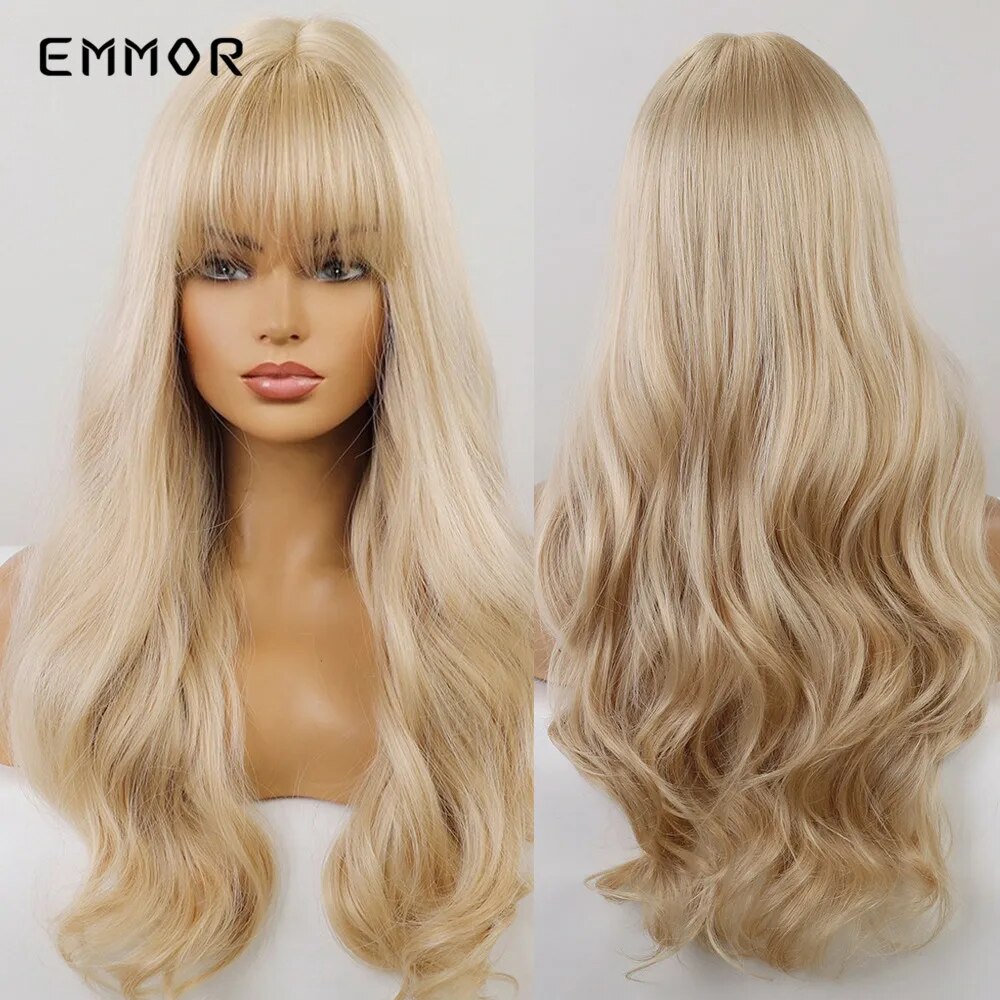 Emmor Synthetic Long Light Blonde Natural Wave Hair Wigs with Bangs High Temperature Fluffy Cosplay Daily Wig for Women