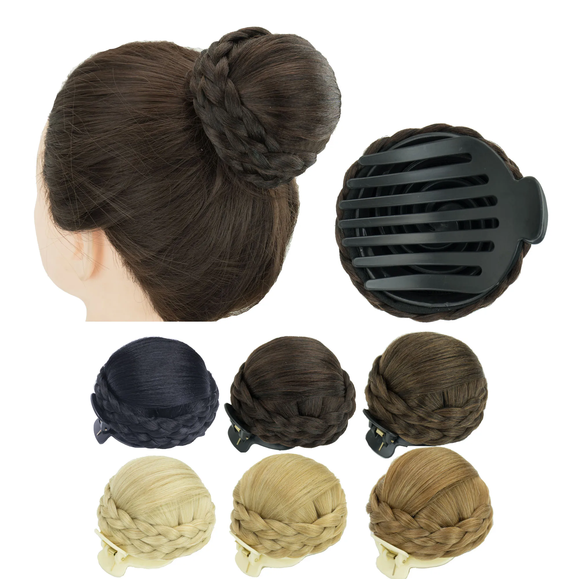 Soowee Synthetic Hair Braided Chignon Dancer Fake Hair Comb Clip Donut Scrunchie Claw Hair Bun Cover Updo for Women and Kids