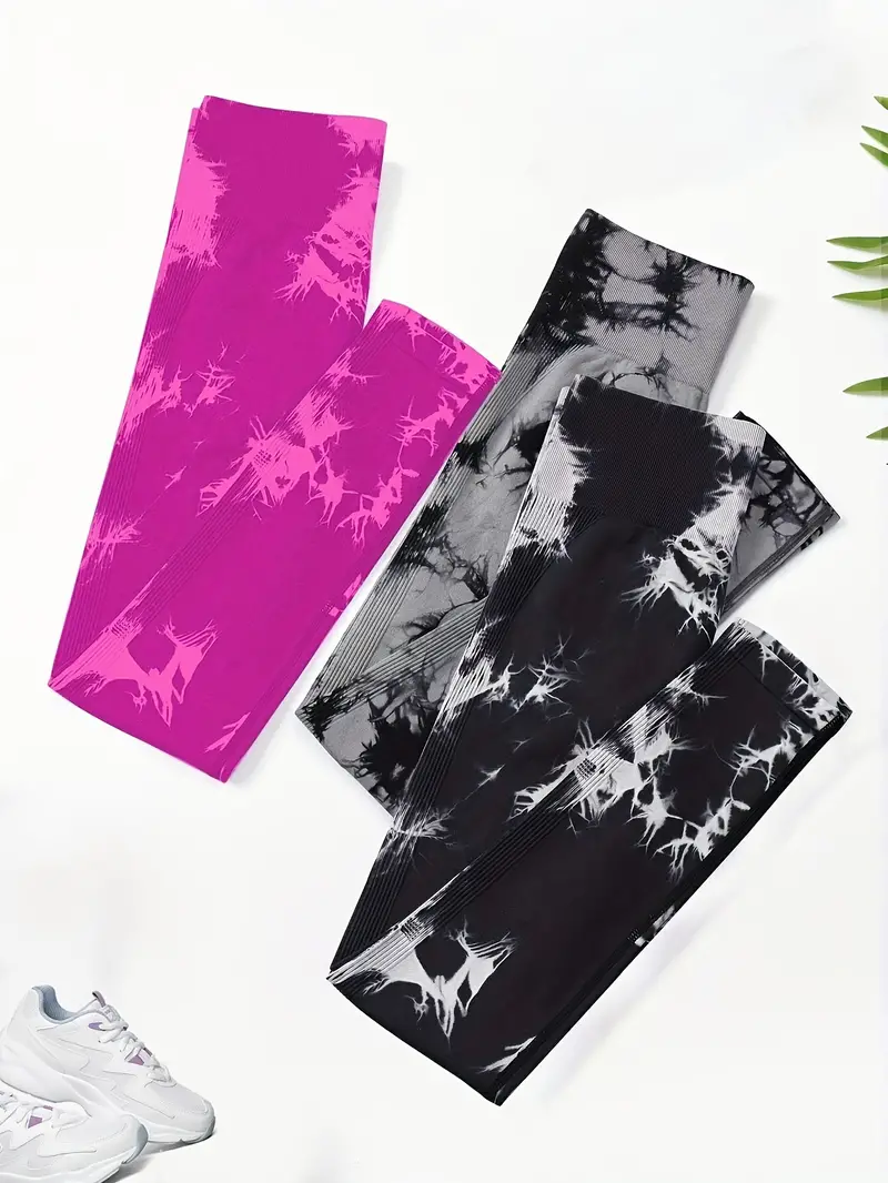 3pcs tie dye high waist sports leggings running workout fitness yoga tight pants womens activewear wide waistband details 23