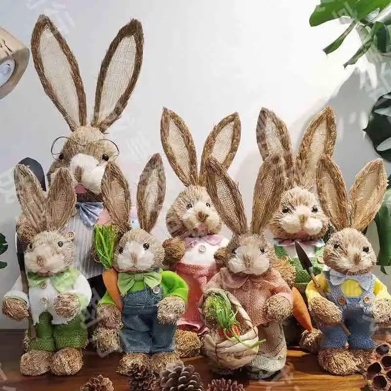 4PCS  Year Easter Straw Easter Rabbit Decoration with Clothes Happy Easter Home Garden Wedding Ornament Photo Props Crafts Bunny