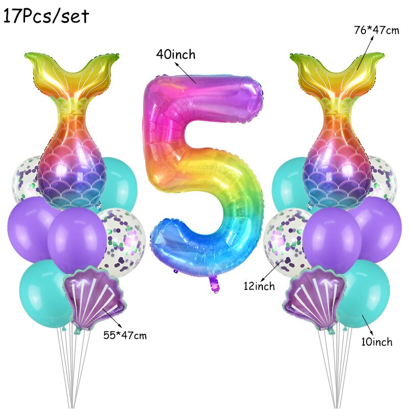 17Pcs/Set Mermaid Theme Party Rainbow Digital Foil Balloons Combination Baby Shower Birthday Party Decoration Balloon