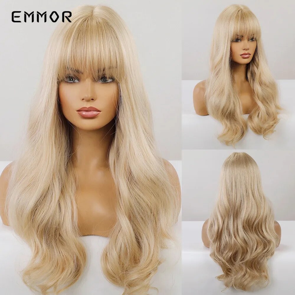 Emmor Synthetic Long Light Blonde Natural Wave Hair Wigs with Bangs High Temperature Fluffy Cosplay Daily Wig for Women