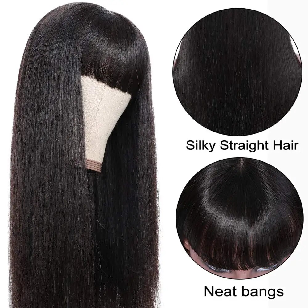 Full Machine Made Straight 100% Real Human Hair Wigs with Bangs for Black Women 200 Density Brazilian Hair Bangs Wig 40 Inches