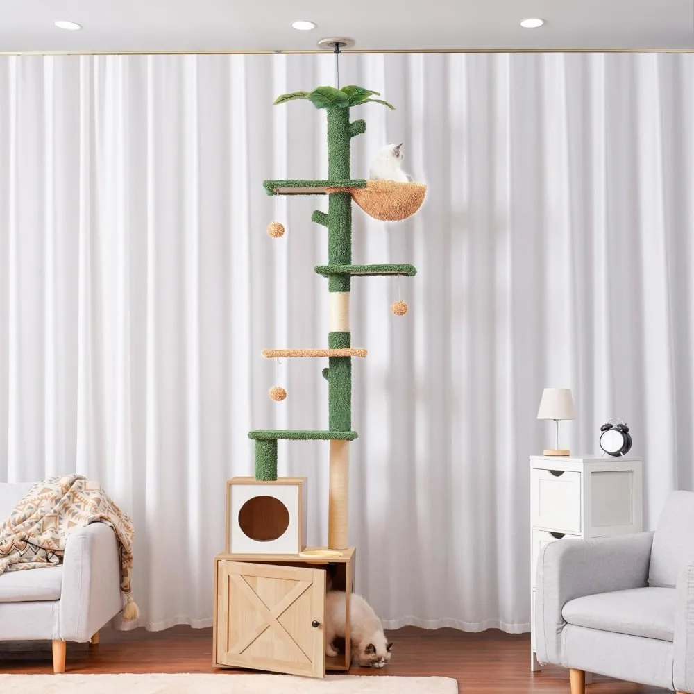 Cat Climbing Tower Adjustable 95-109 Inches with Basket  Tree Floor to Ceiling Cactus with Wood Litter Box Enclosure,Cat Condo
