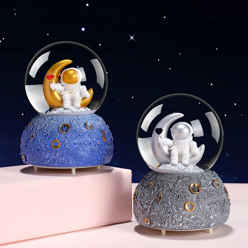 Creative Astronauts Snow Globe Luminous Crystal Ball Music Box Glass Ball Desk Ornaments Office Home Decor Kids Christmas Gifts
