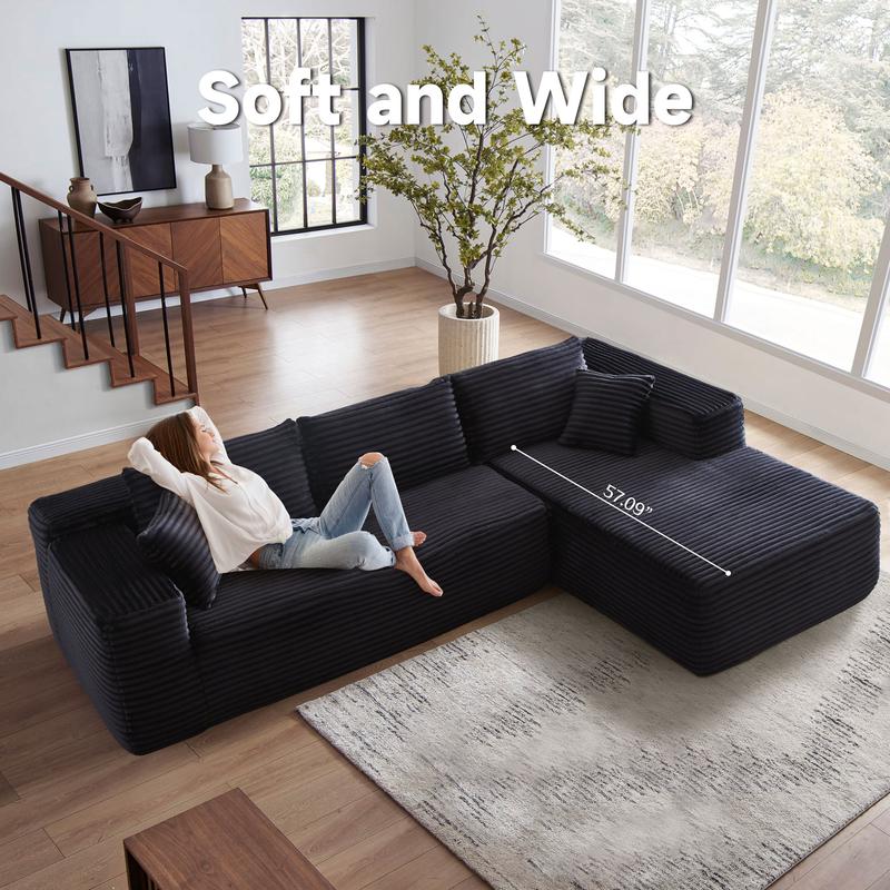 Product Introduction of 【2 Packages Shipping】Ovios 104" Plush Corduroy Cloud Velvet Modular Couch with Chaise, No Assembly Required - L-Shaped Sectional Sofa Set with Flexible Configuration - 104"W x 67.7"D x 30"H, 3 Seater 5