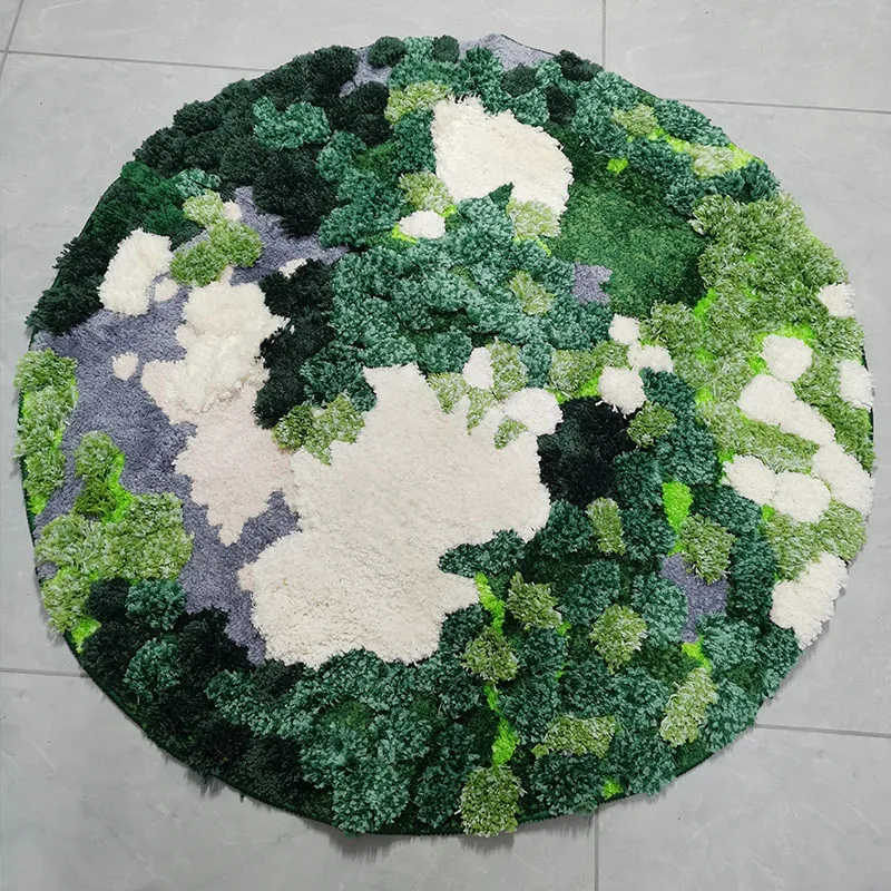 Round Carpets Moss Forest Plush Flocking Carpet Mats For Living Room Bedroom Office Green Plant Hand Woven Soft Bedside Rugs