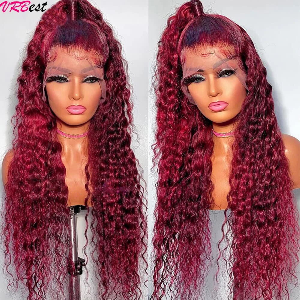 99j Deep Wave Frontal Wig Burgundy Lace Front Wig Human Hair Water Wave 13x4 HD Transparent Full Lace Front Human Hair Wigs