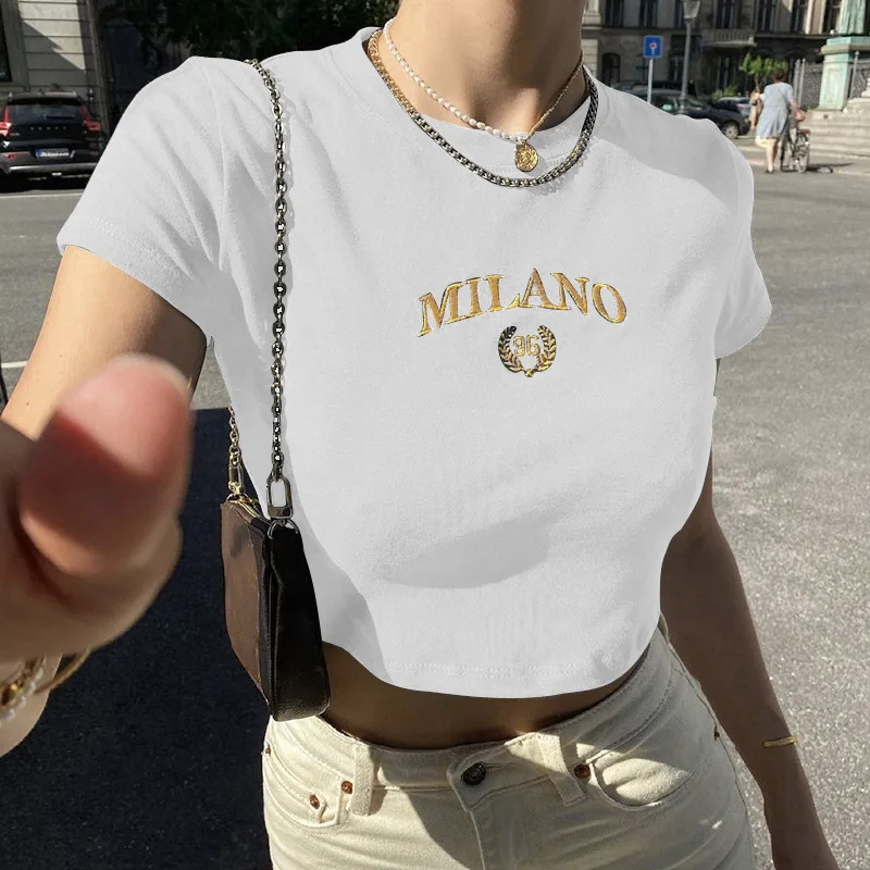 Summer Black Sexy Women's T-shirt Clothese Short Sleeve Casual Crop Top Letter Embroidery T Shirt Female O-Neck Cropped Tops